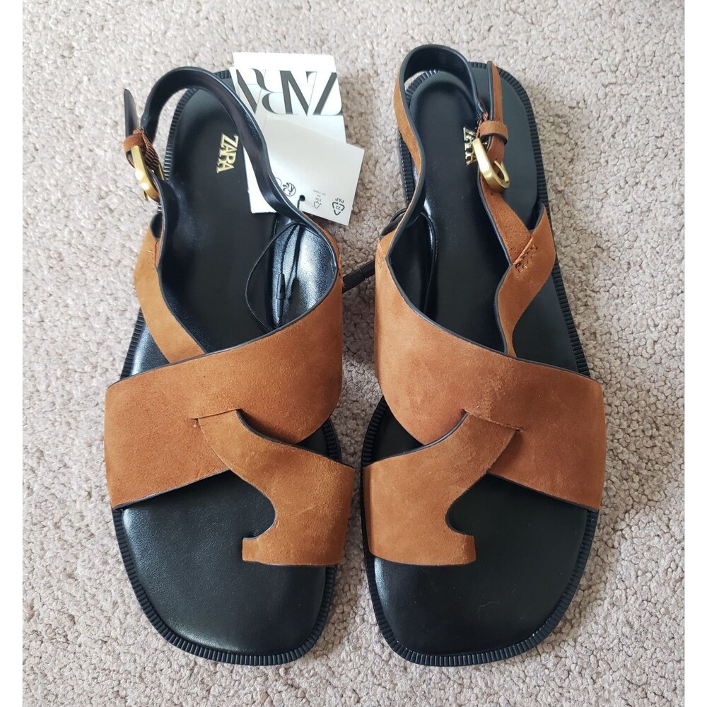 Zara Nwt Suede Leather Slide Strappy Sandals Toe Loop Metal Buckle Sz 6.5 Brown - Picture 11 of 13